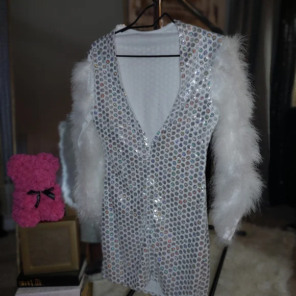 *New* Momycharm Sequin Prom Sparkly Dress Long Slve Mini Wte Feather Dress Sz.M - Picture 3 of 3